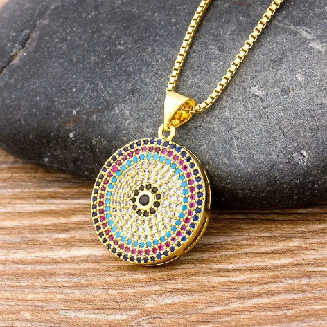 Turkish Evil Eye Pendant Necklace for Women – Round Micro Pave CZ Copper Chain Jewellery Gift
