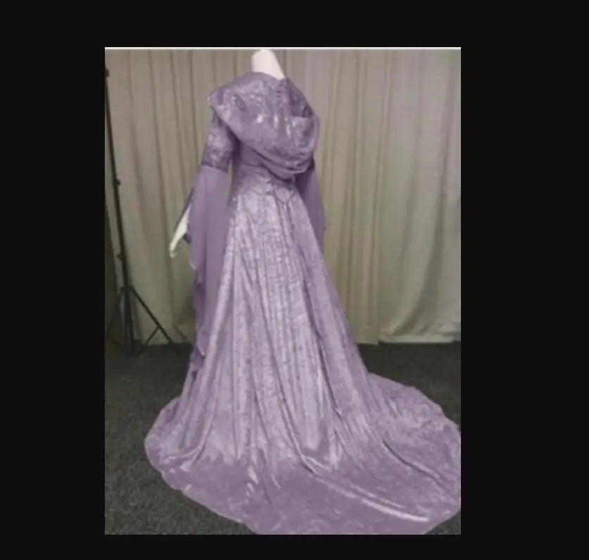 Women Deluxe Witch Dress Medieval Costume Vintage Embroidered Renaissance Gothic Hooded Vampire Gown Dress Cosplay