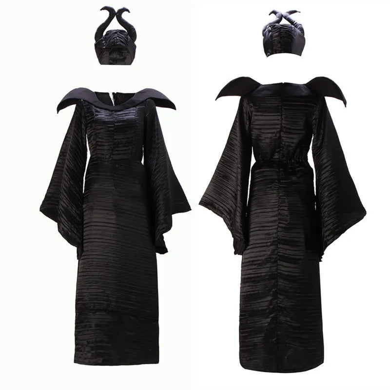 Maleficent Witch Costume Dress – Evil Queen Halloween Outfit with Horns Hat for Women