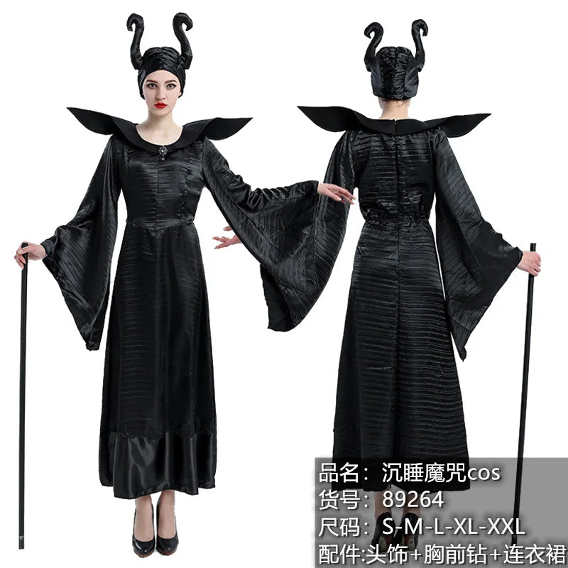 Maleficent Witch Costume Dress – Evil Queen Halloween Outfit with Horns Hat for Women