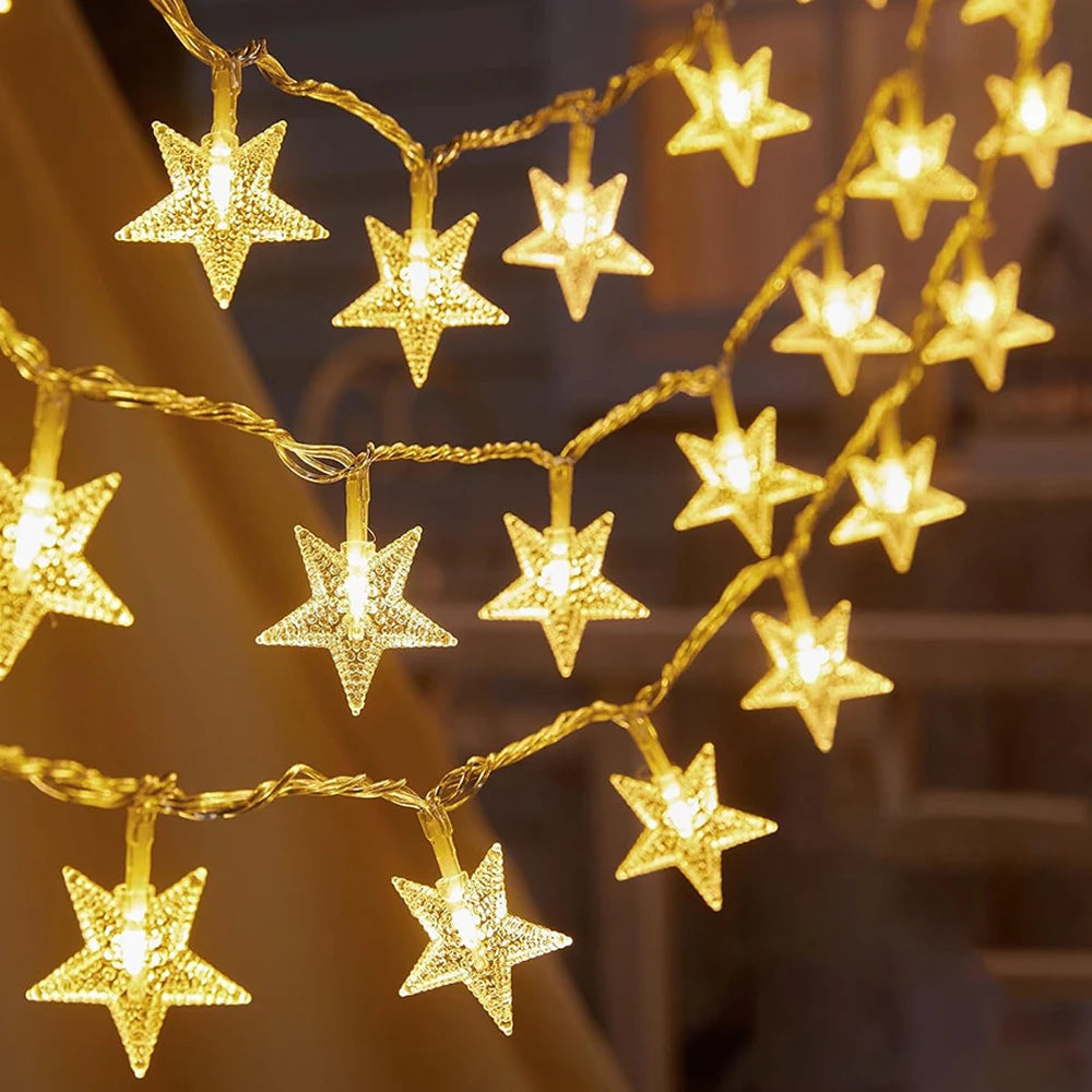 LED Christmas String Lights Star & Snowflake – Festive Clear Acrylic Fairy Lights for Home & Tree Decor