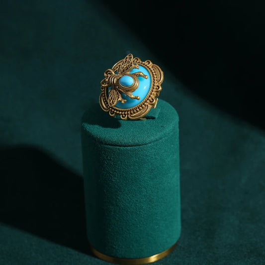 Vintage Blue Bee Ring for Women – Honey Resin & Antique Gold Moth Design | Natural Retro Jewellery Trend