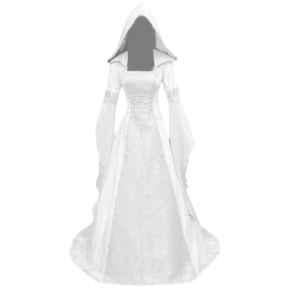 Women Deluxe Witch Dress Medieval Costume Vintage Embroidered Renaissance Gothic Hooded Vampire Gown Dress Cosplay