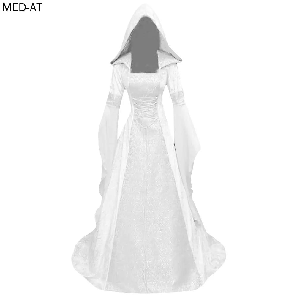 Women Deluxe Witch Dress Medieval Costume Vintage Embroidered Renaissance Gothic Hooded Vampire Gown Dress Cosplay