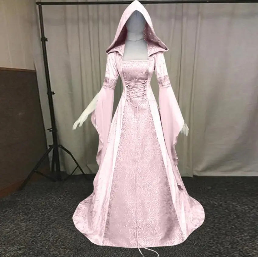 Women Deluxe Witch Dress Medieval Costume Vintage Embroidered Renaissance Gothic Hooded Vampire Gown Dress Cosplay