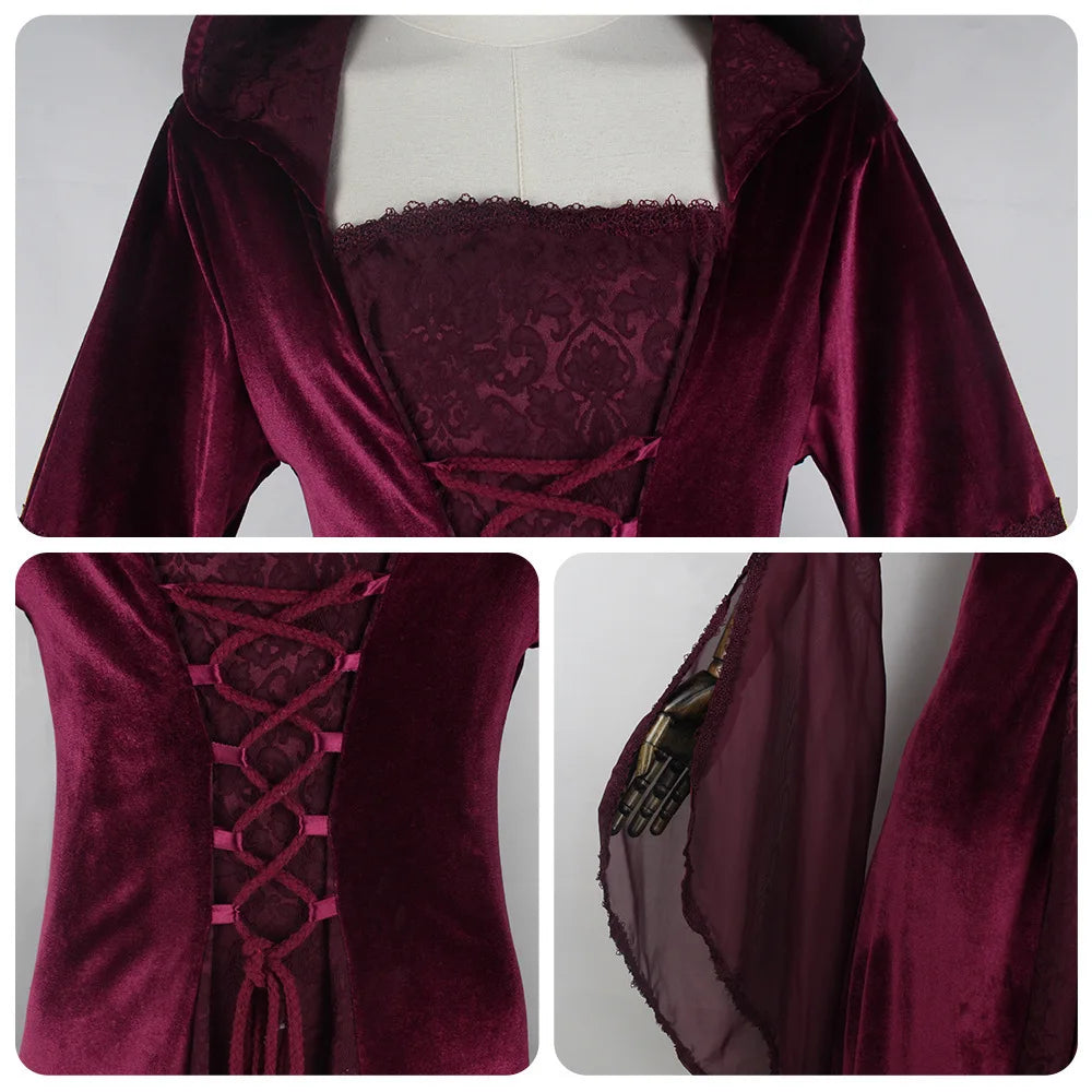 Women Deluxe Witch Dress Medieval Costume Vintage Embroidered Renaissance Gothic Hooded Vampire Gown Dress Cosplay