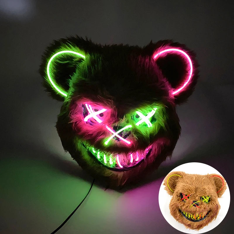 Scary Neon Light Mask – Killer Bear LED Cosplay for Halloween