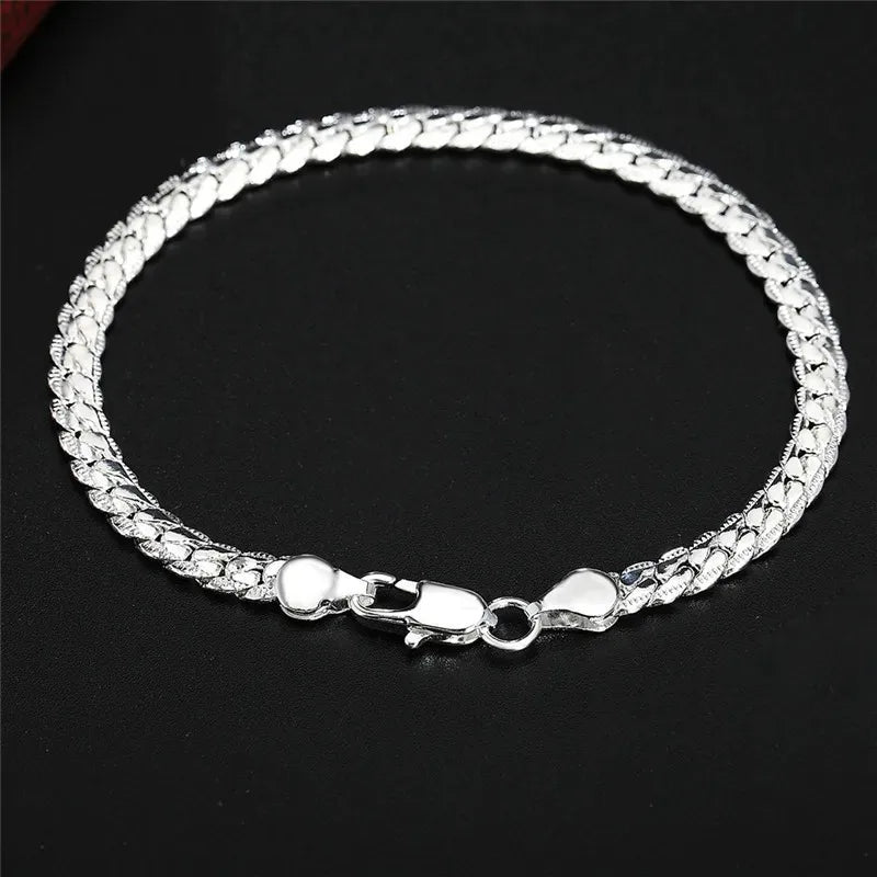 925 Sterling Silver Bracelet 6mm 18cm Flat Side Chain Lobster Clasp For Woman Man Wedding Engagement Jewelry Silver Bracelet