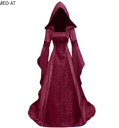 Women Deluxe Witch Dress Medieval Costume Vintage Embroidered Renaissance Gothic Hooded Vampire Gown Dress Cosplay