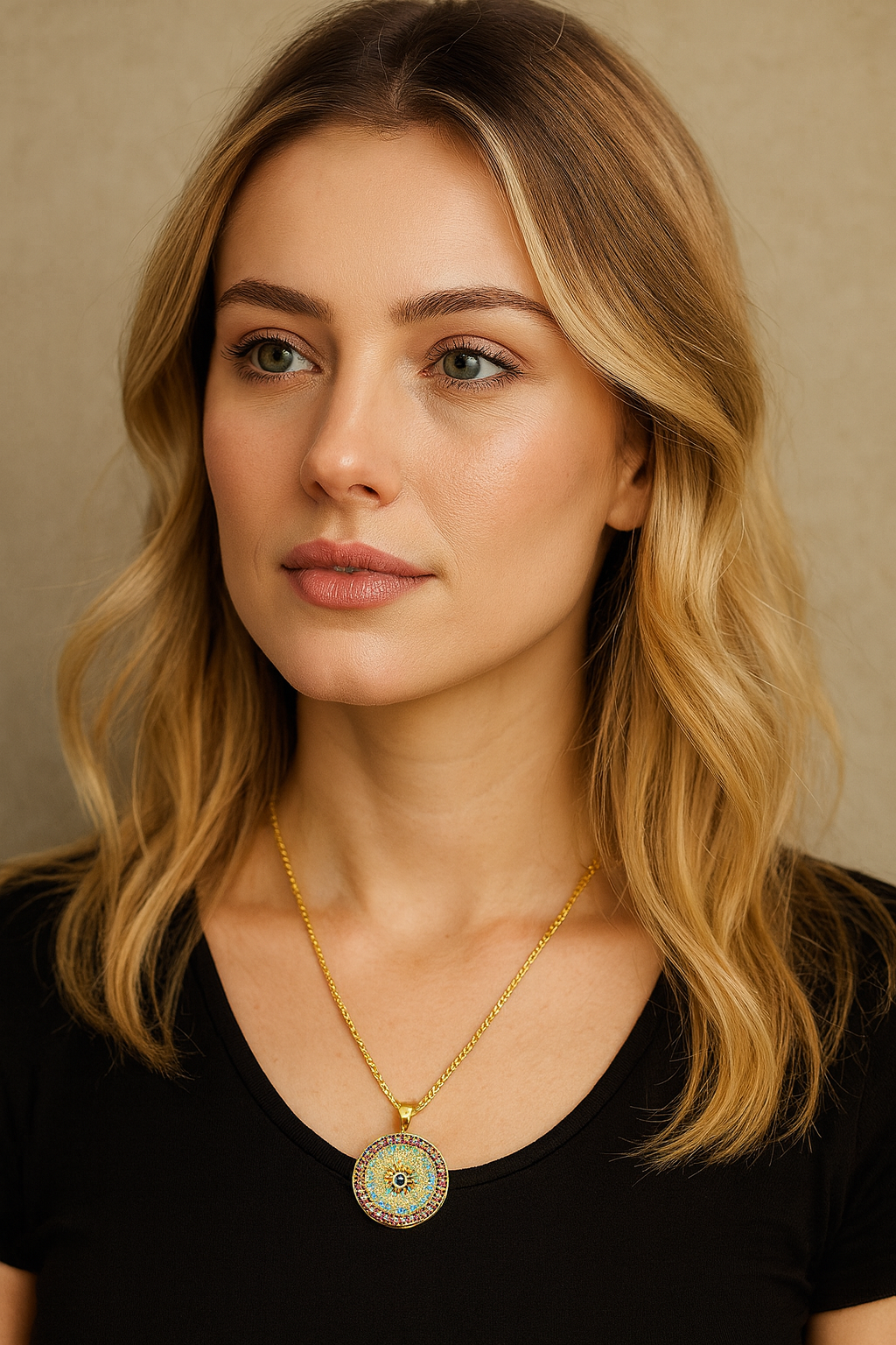 Turkish Evil Eye Pendant Necklace for Women – Round Micro Pave CZ Copper Chain Jewellery Gift