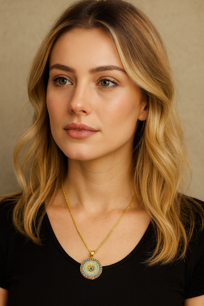 Turkish Evil Eye Pendant Necklace for Women – Round Micro Pave CZ Copper Chain Jewellery Gift