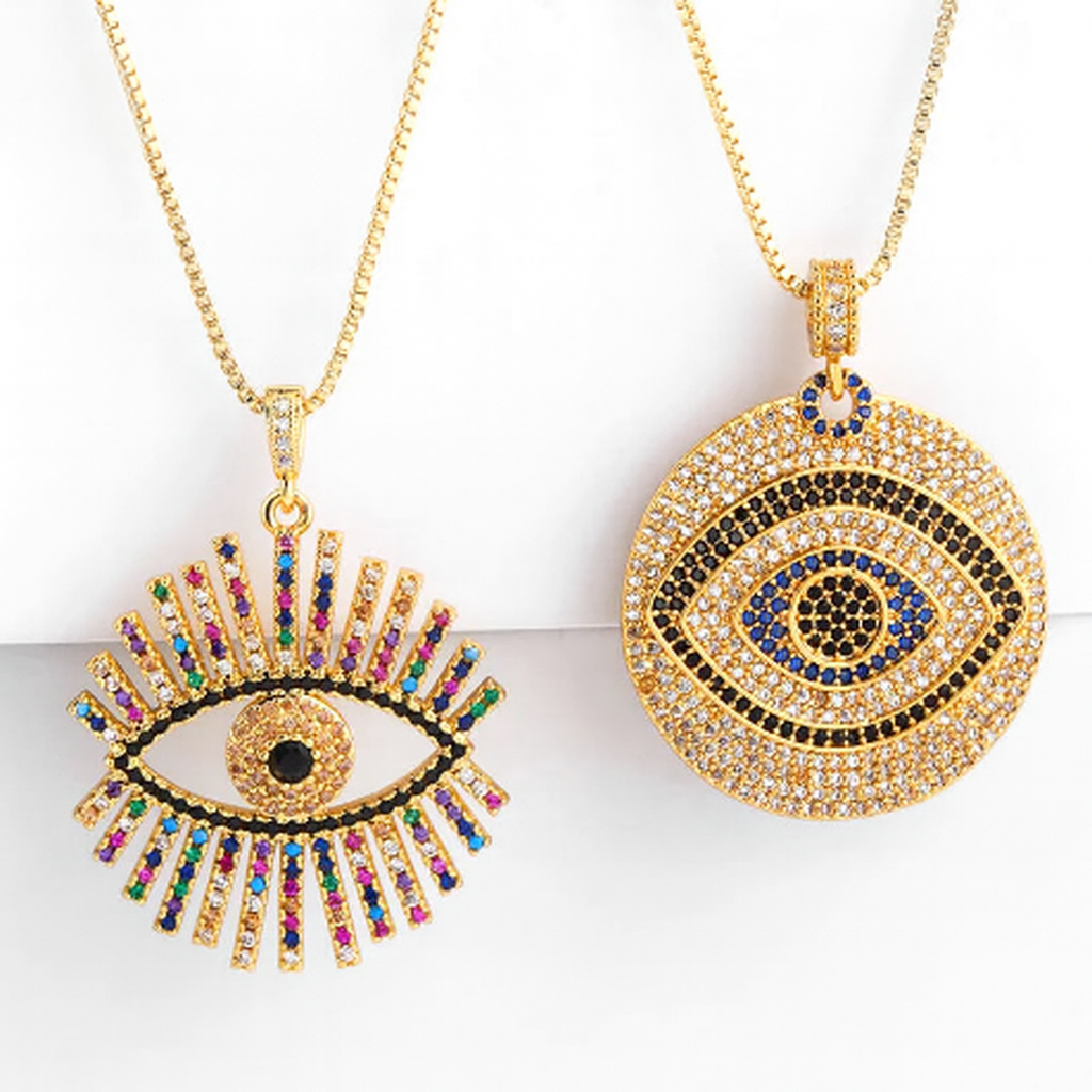 FLOLA Gold Plated Greek Evil Eye Necklace for Women – Zirconia Rainbow CZ Turkish Eye Pendant Jewellery