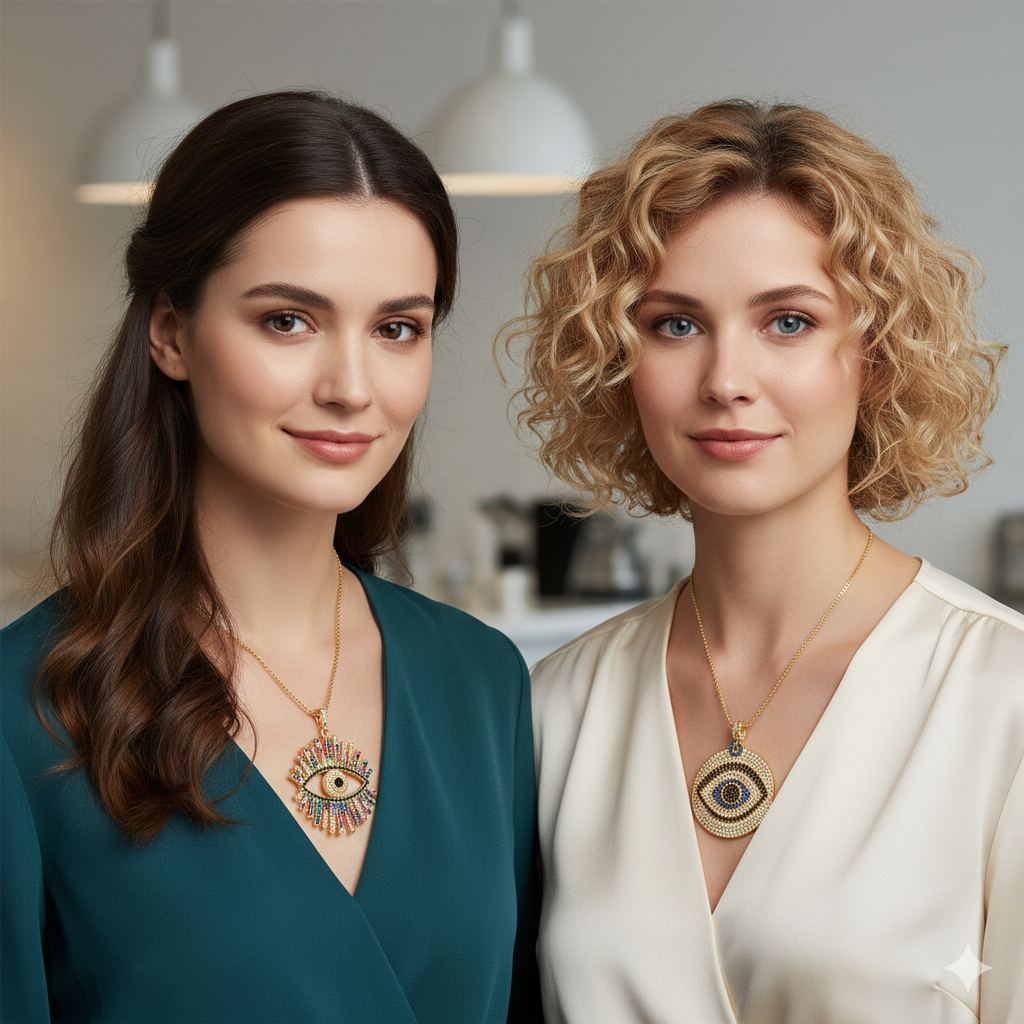 FLOLA Gold Plated Greek Evil Eye Necklace for Women – Zirconia Rainbow CZ Turkish Eye Pendant Jewellery