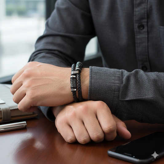 Men's Stainless Steel Leather Bracelet with Combination Symbol – Double Weave Stylish Accessory Gift for Handsome Boys