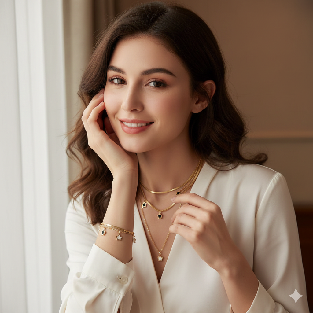 316L Stainless Steel Multilayer Star Charm Necklace & Bracelet Set for Women – Trendy Jewellery Party Gift