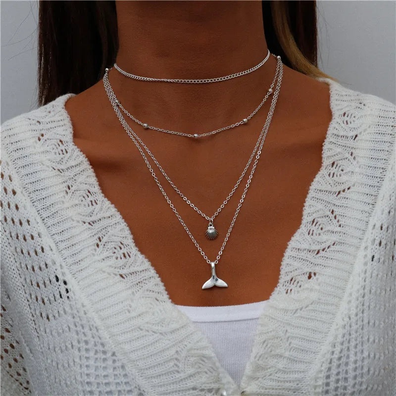 Boho Multi-Layer Moon Pendant Necklace for Women – Trendy Zinc Alloy Layered Chain Jewellery
