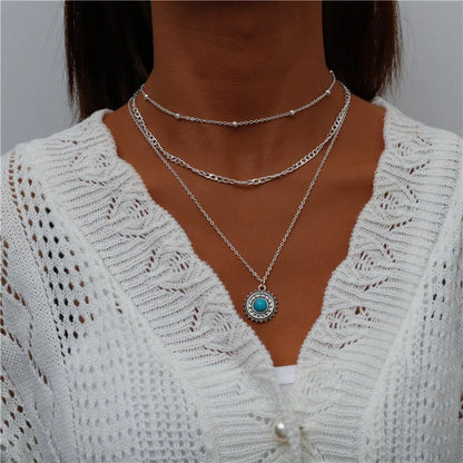 Boho Multi-Layer Moon Pendant Necklace for Women – Trendy Zinc Alloy Layered Chain Jewellery