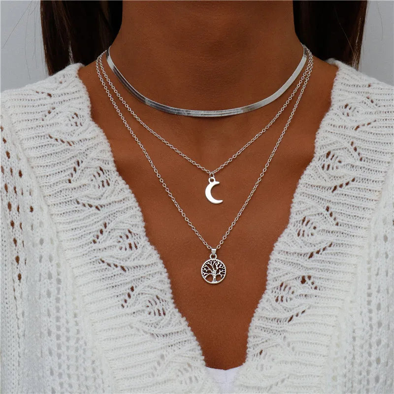 Boho Multi-Layer Moon Pendant Necklace for Women – Trendy Zinc Alloy Layered Chain Jewellery