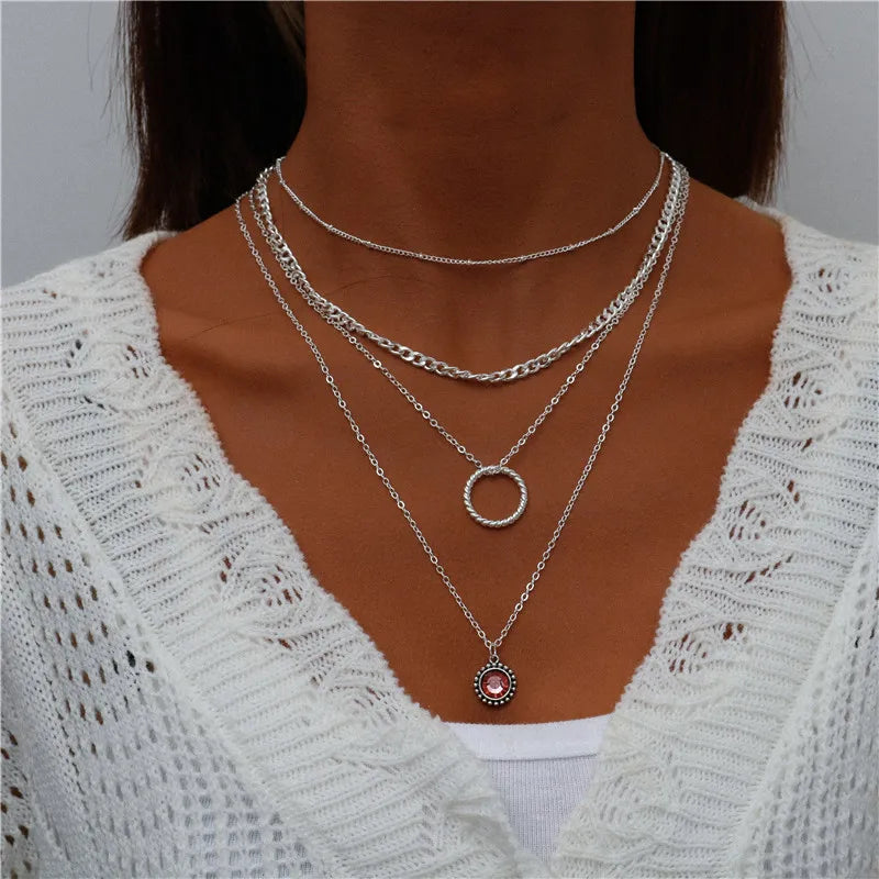 Boho Multi-Layer Moon Pendant Necklace for Women – Trendy Zinc Alloy Layered Chain Jewellery