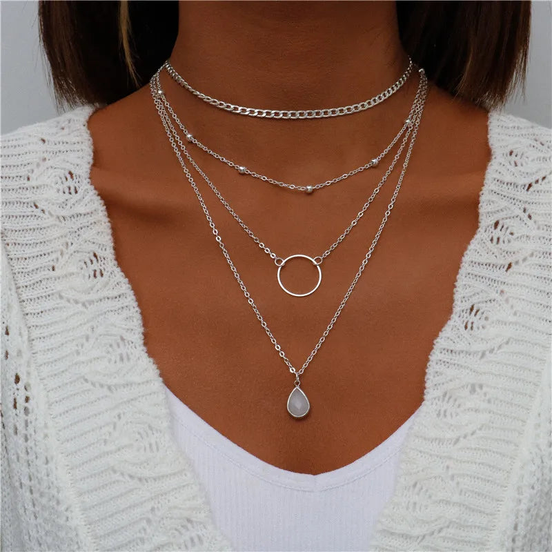 Boho Multi-Layer Moon Pendant Necklace for Women – Trendy Zinc Alloy Layered Chain Jewellery