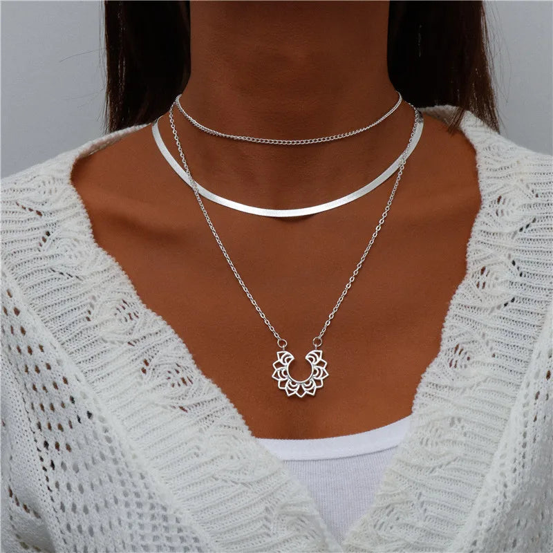 Boho Multi-Layer Moon Pendant Necklace for Women – Trendy Zinc Alloy Layered Chain Jewellery