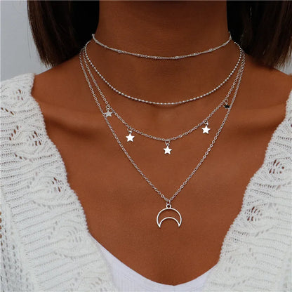Boho Multi-Layer Moon Pendant Necklace for Women – Trendy Zinc Alloy Layered Chain Jewellery