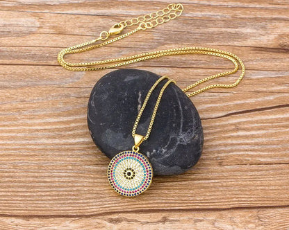 Turkish Evil Eye Pendant Necklace for Women – Round Micro Pave CZ Copper Chain Jewellery Gift