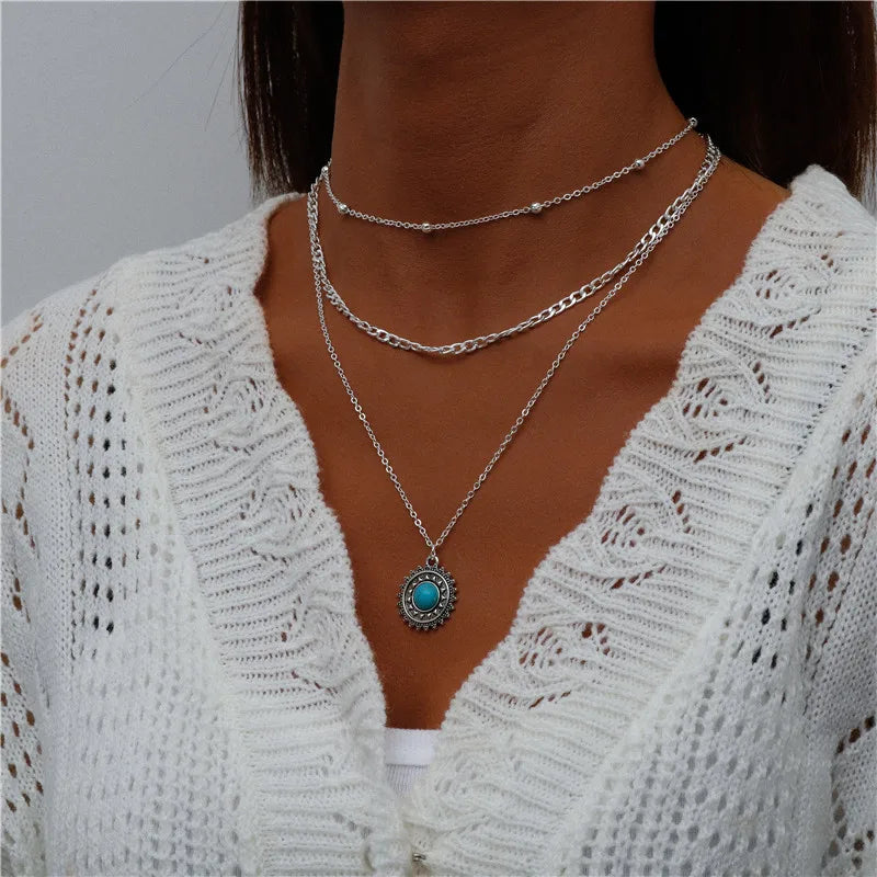 Boho Multi-Layer Moon Pendant Necklace for Women – Trendy Zinc Alloy Layered Chain Jewellery