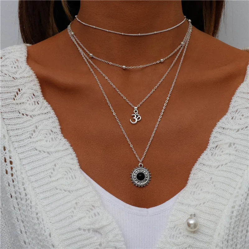 Boho Multi-Layer Moon Pendant Necklace for Women – Trendy Zinc Alloy Layered Chain Jewellery