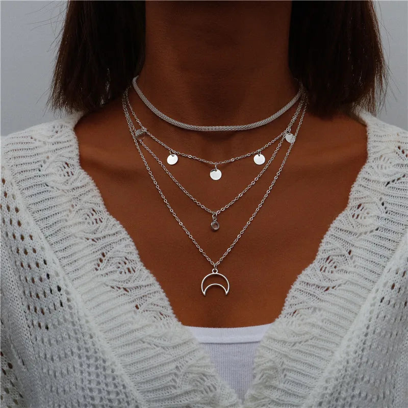 Boho Multi-Layer Moon Pendant Necklace for Women – Trendy Zinc Alloy Layered Chain Jewellery