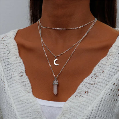 Boho Multi-Layer Moon Pendant Necklace for Women – Trendy Zinc Alloy Layered Chain Jewellery