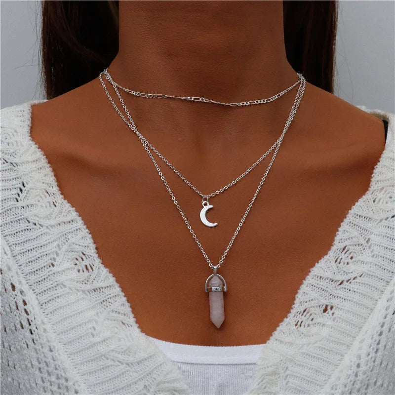 Boho Multi-Layer Moon Pendant Necklace for Women – Trendy Zinc Alloy Layered Chain Jewellery