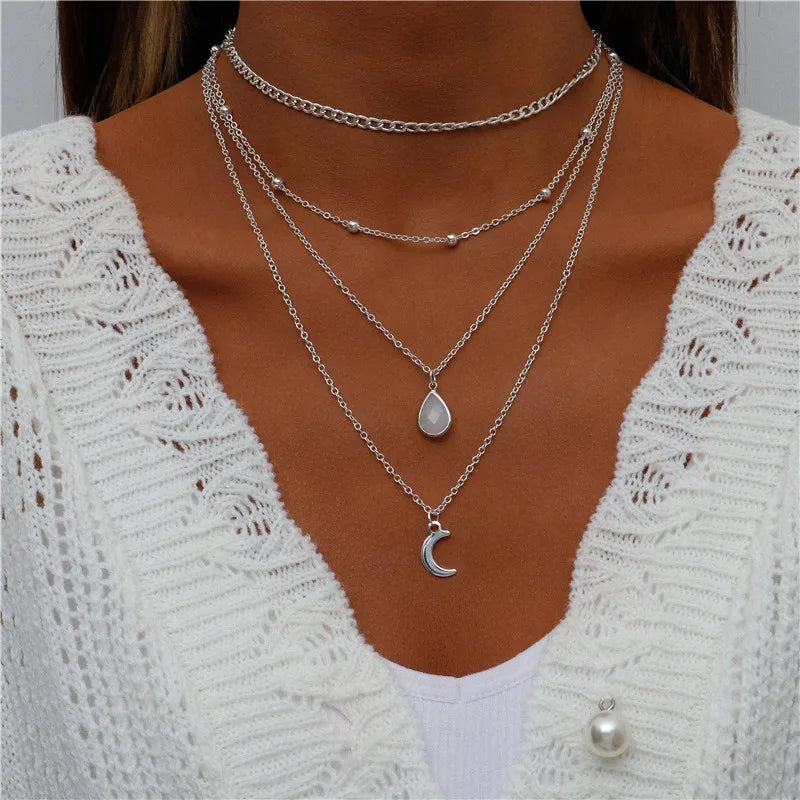 Boho Multi-Layer Moon Pendant Necklace for Women – Trendy Zinc Alloy Layered Chain Jewellery
