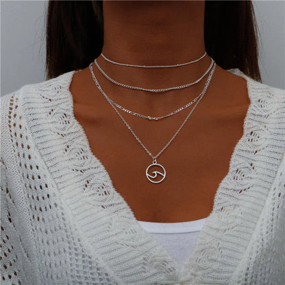 Boho Multi-Layer Moon Pendant Necklace for Women – Trendy Zinc Alloy Layered Chain Jewellery