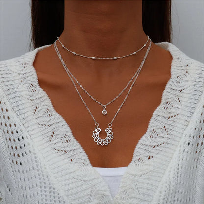 Boho Multi-Layer Moon Pendant Necklace for Women – Trendy Zinc Alloy Layered Chain Jewellery