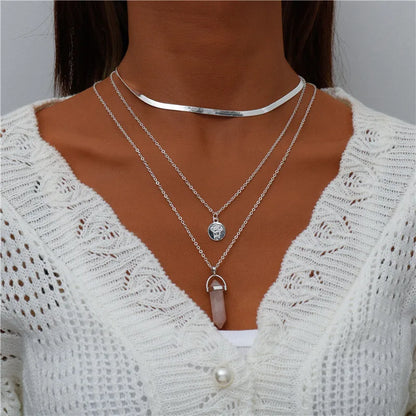 Boho Multi-Layer Moon Pendant Necklace for Women – Trendy Zinc Alloy Layered Chain Jewellery