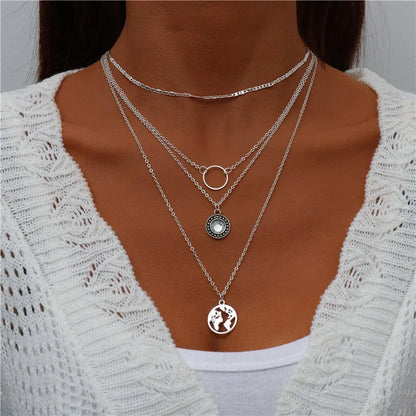 Boho Multi-Layer Moon Pendant Necklace for Women – Trendy Zinc Alloy Layered Chain Jewellery