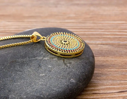 Turkish Evil Eye Pendant Necklace for Women – Round Micro Pave CZ Copper Chain Jewellery Gift