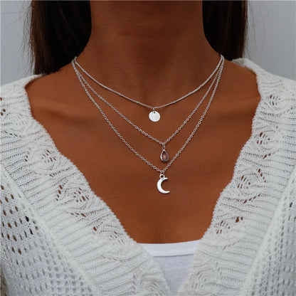 Boho Multi-Layer Moon Pendant Necklace for Women – Trendy Zinc Alloy Layered Chain Jewellery