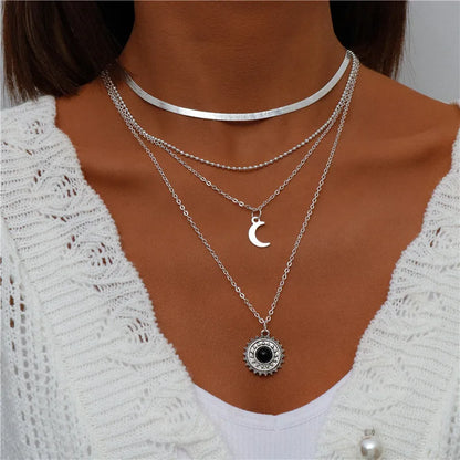 Boho Multi-Layer Moon Pendant Necklace for Women – Trendy Zinc Alloy Layered Chain Jewellery