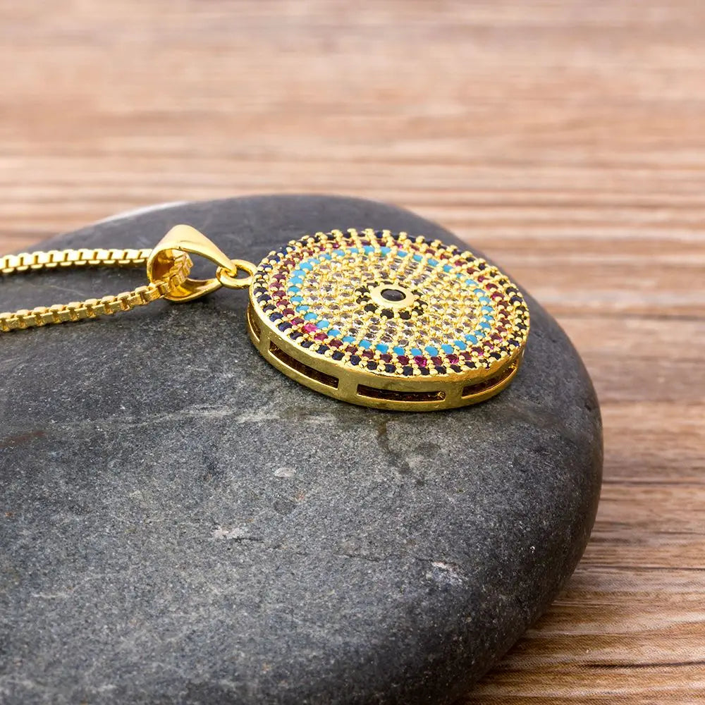 Turkish Evil Eye Pendant Necklace for Women – Round Micro Pave CZ Copper Chain Jewellery Gift