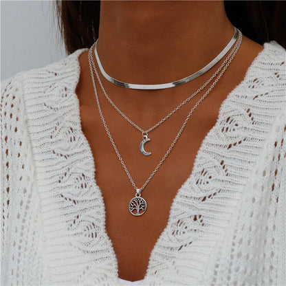 Boho Multi-Layer Moon Pendant Necklace for Women – Trendy Zinc Alloy Layered Chain Jewellery