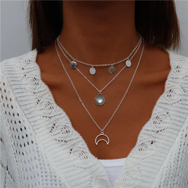 Boho Multi-Layer Moon Pendant Necklace for Women – Trendy Zinc Alloy Layered Chain Jewellery