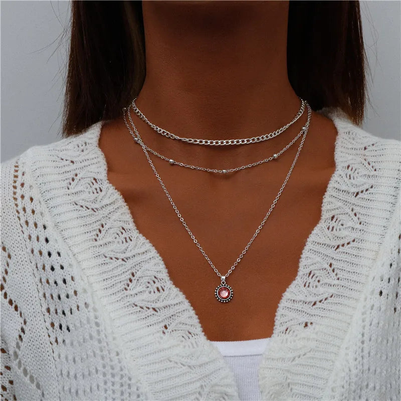 Boho Multi-Layer Moon Pendant Necklace for Women – Trendy Zinc Alloy Layered Chain Jewellery