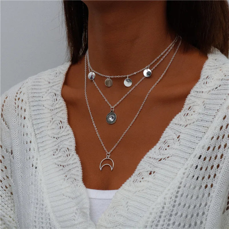 Boho Multi-Layer Moon Pendant Necklace for Women – Trendy Zinc Alloy Layered Chain Jewellery