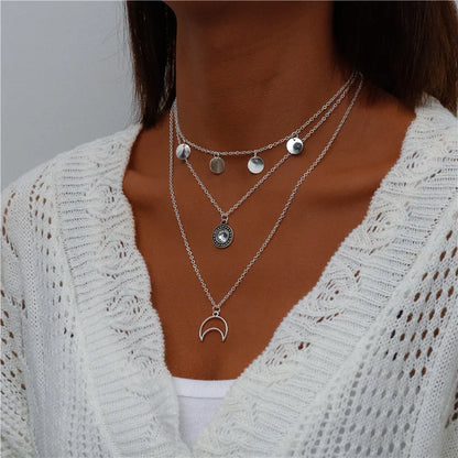 Boho Multi-Layer Moon Pendant Necklace for Women – Trendy Zinc Alloy Layered Chain Jewellery