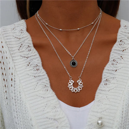 Boho Multi-Layer Moon Pendant Necklace for Women – Trendy Zinc Alloy Layered Chain Jewellery