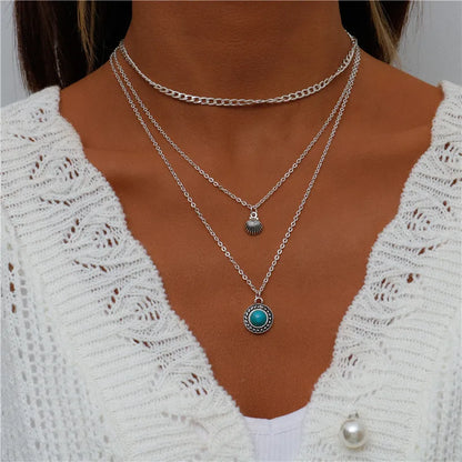 Boho Multi-Layer Moon Pendant Necklace for Women – Trendy Zinc Alloy Layered Chain Jewellery