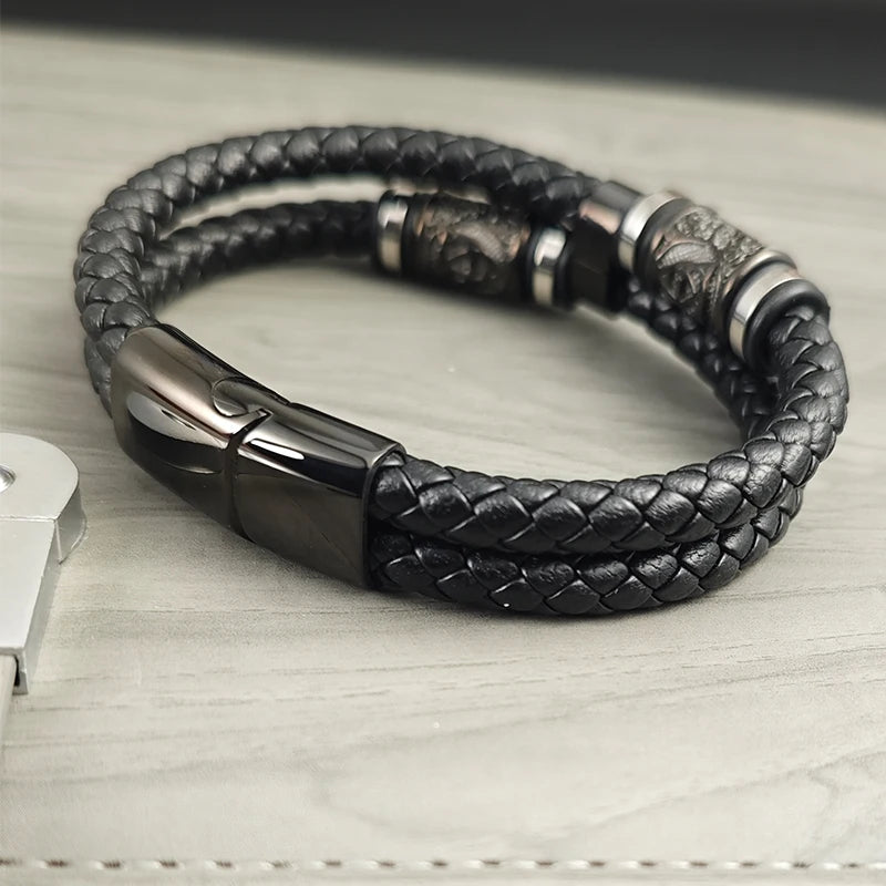 Men's Stainless Steel Leather Bracelet with Combination Symbol – Double Weave Stylish Accessory Gift for Handsome Boys