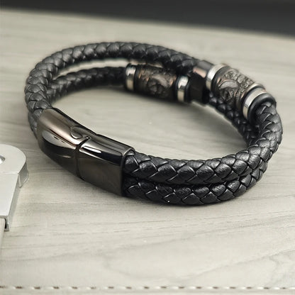 Men's Stainless Steel Leather Bracelet with Combination Symbol – Double Weave Stylish Accessory Gift for Handsome Boys